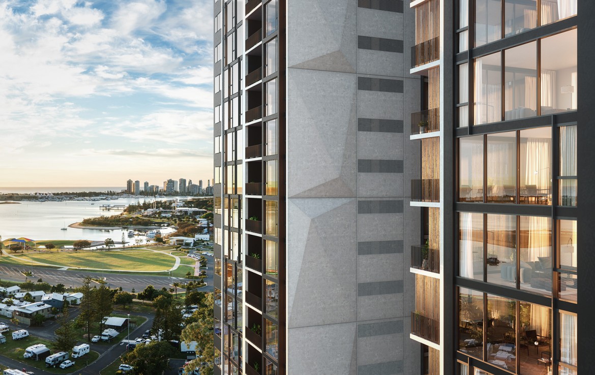 Shot of exterior of SDA apartment in Marine Quarter Southport showing view into apartments and city and surroundings in the background