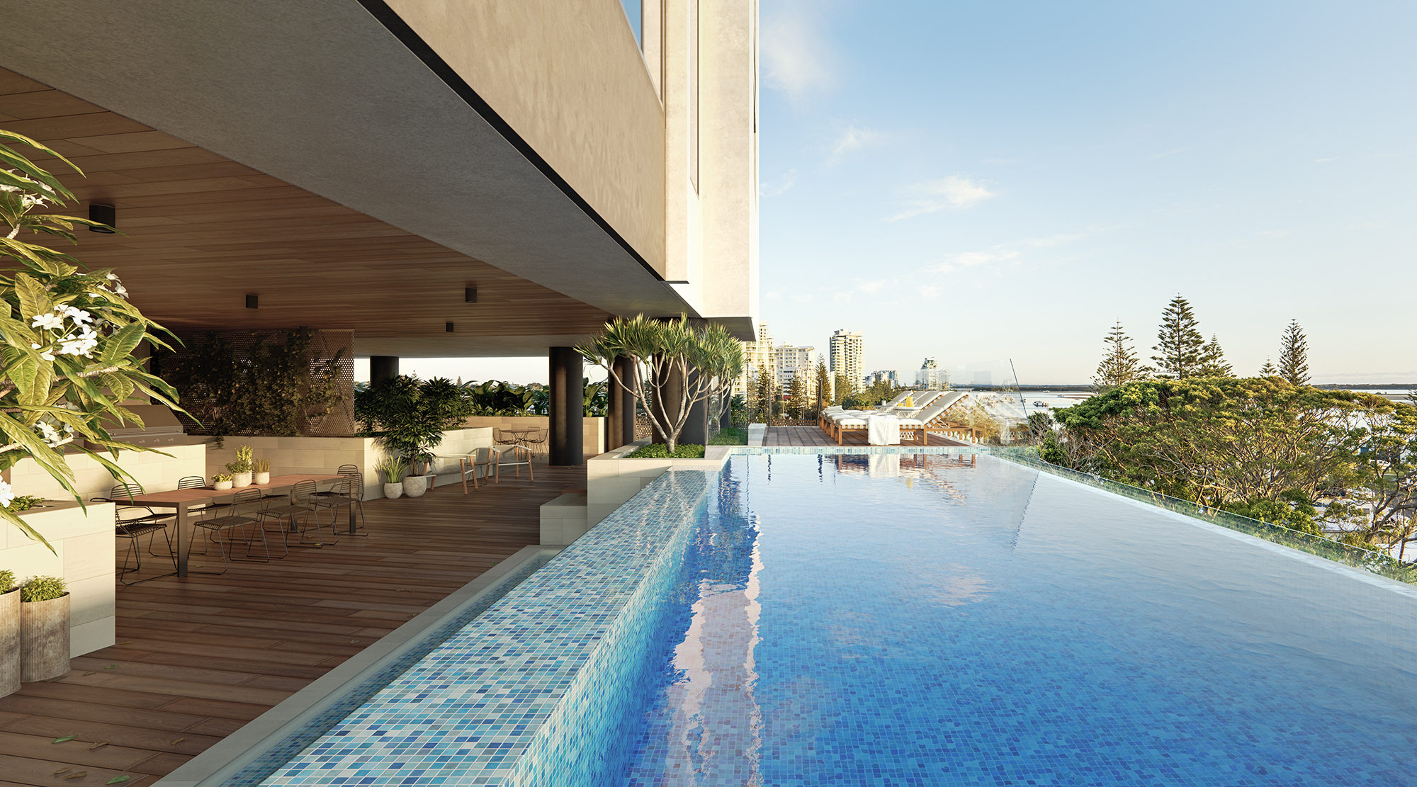Modern apartment showing outdoor seating area and swimming pool as part of Guardian Living's relationship with Australian Unity